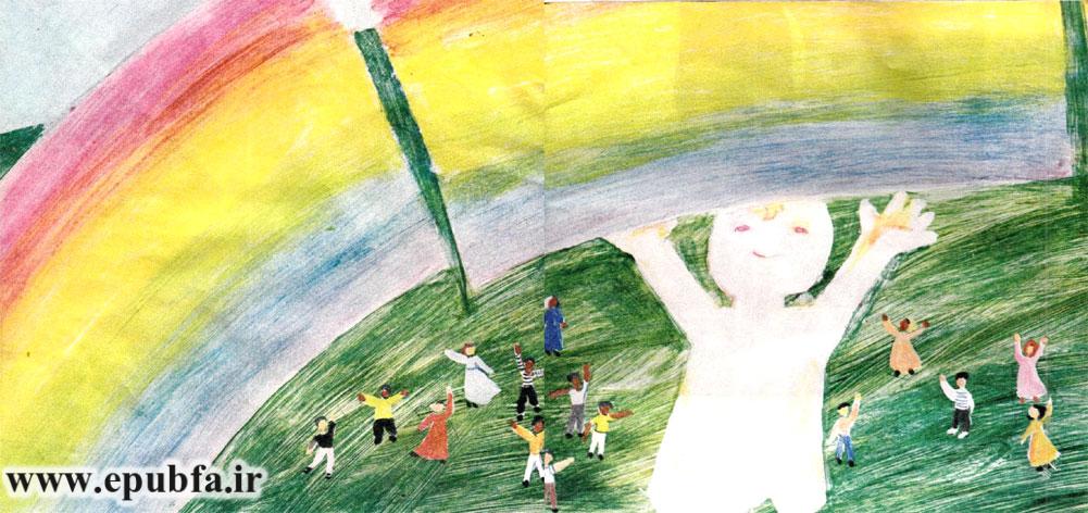 عروسک، پیراهن و النگوها را گرفت. خوشحال شد و در روزِ روشن از نردبان بالا رفت